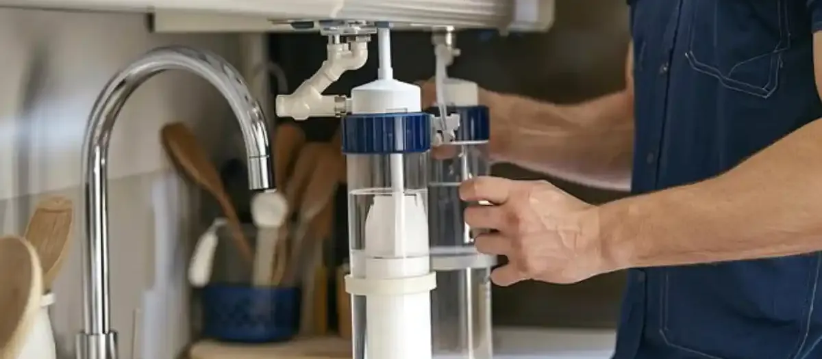 Under sink water filter with a filtered water faucet at a kitchen sink