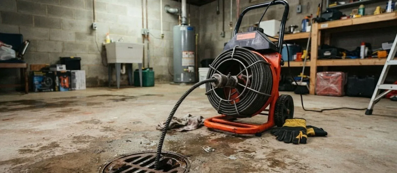 Plumbing drain machine with a cable running into a floor drain in a basement