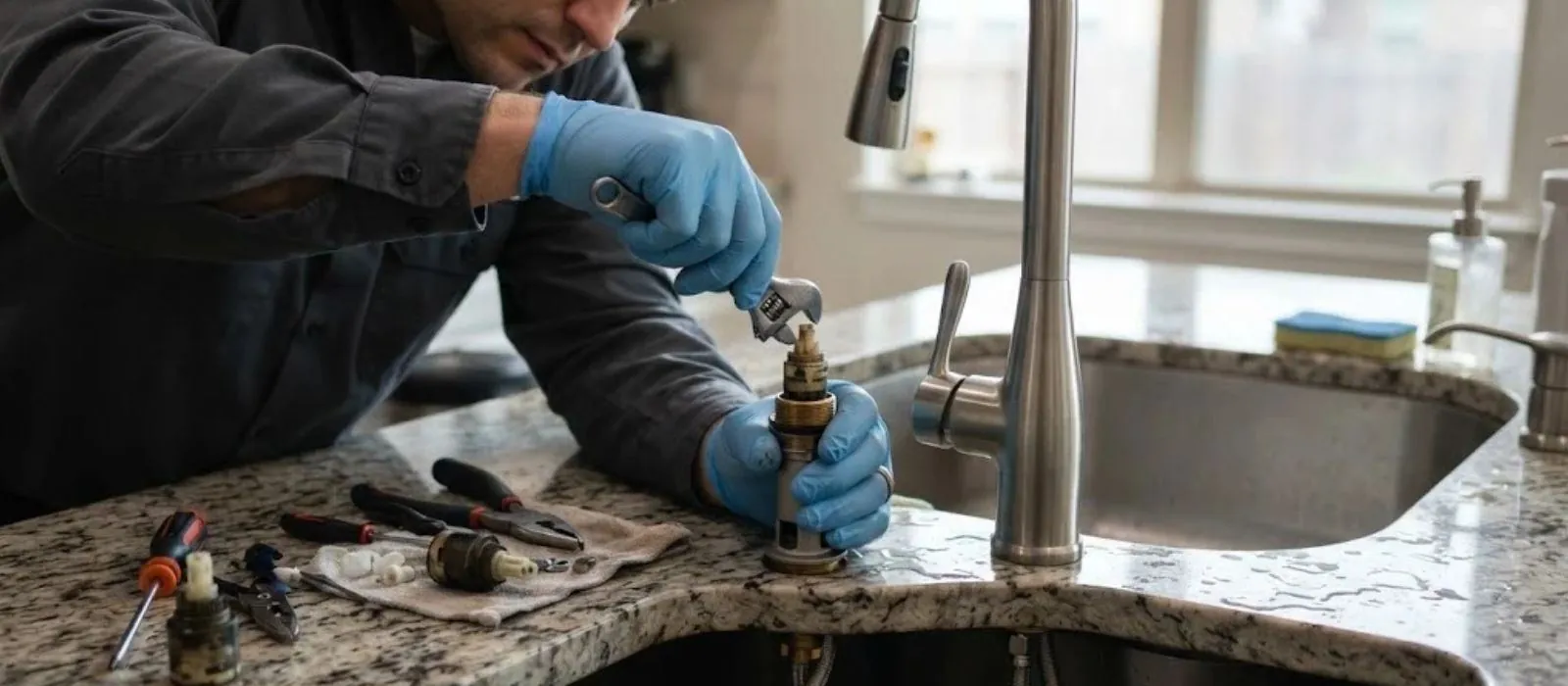 Plumber in gloves repairing a kitchen faucet at a granite counter sink