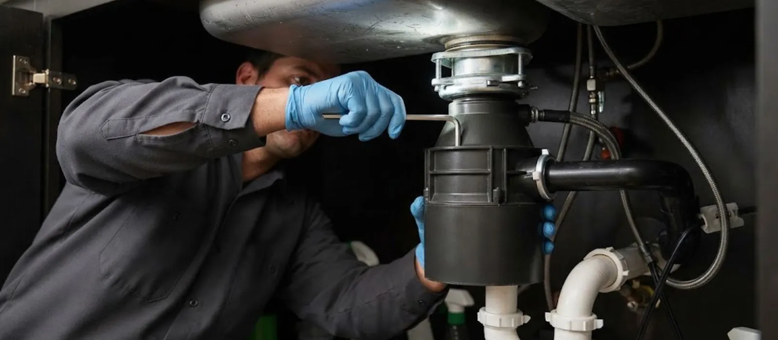 Plumber working on a garbage disposal under a kitchen sink