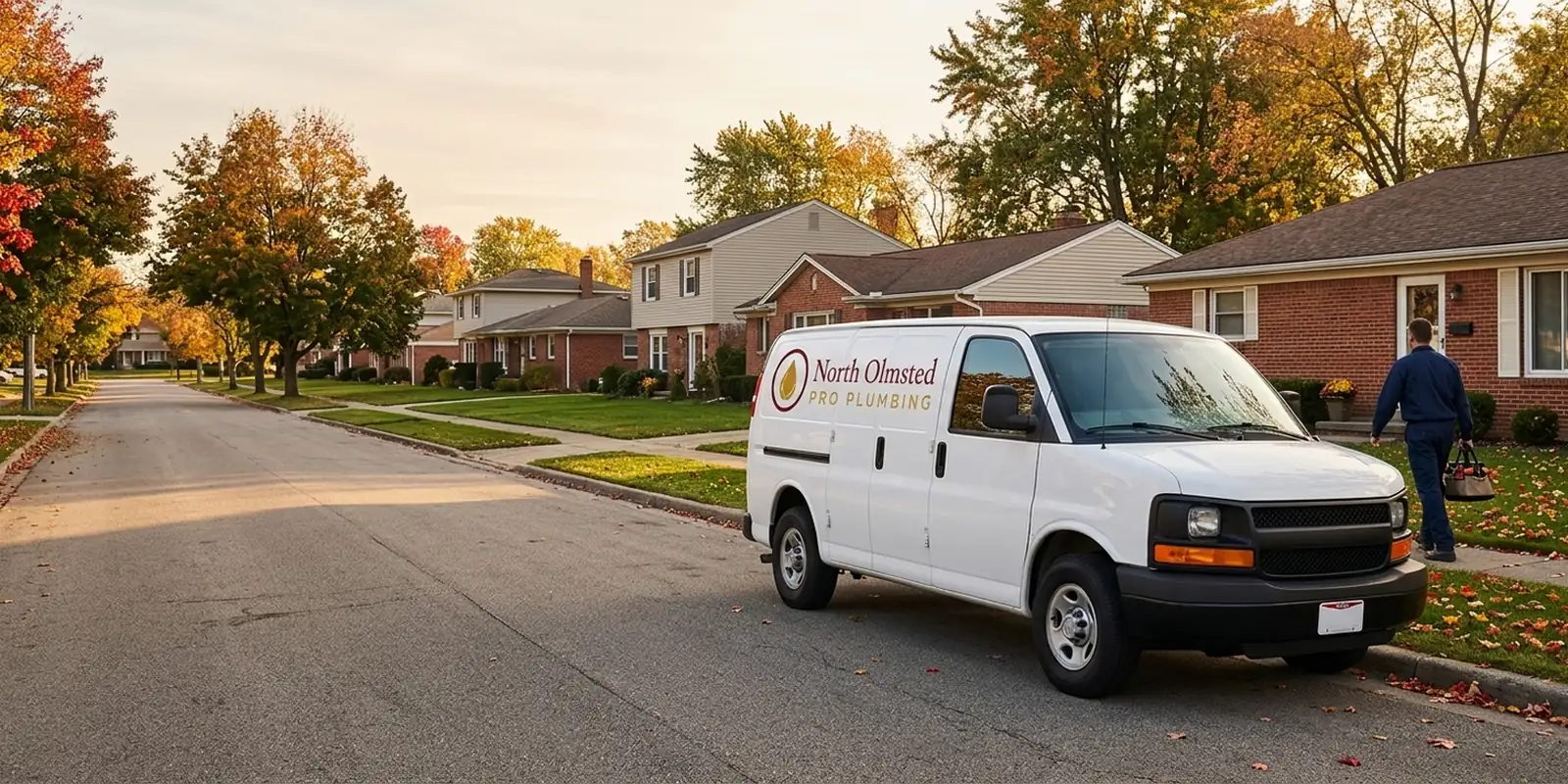 White North Olmsted Pro Plumbing van parked on a quiet residential street while a plumber walks to a front door