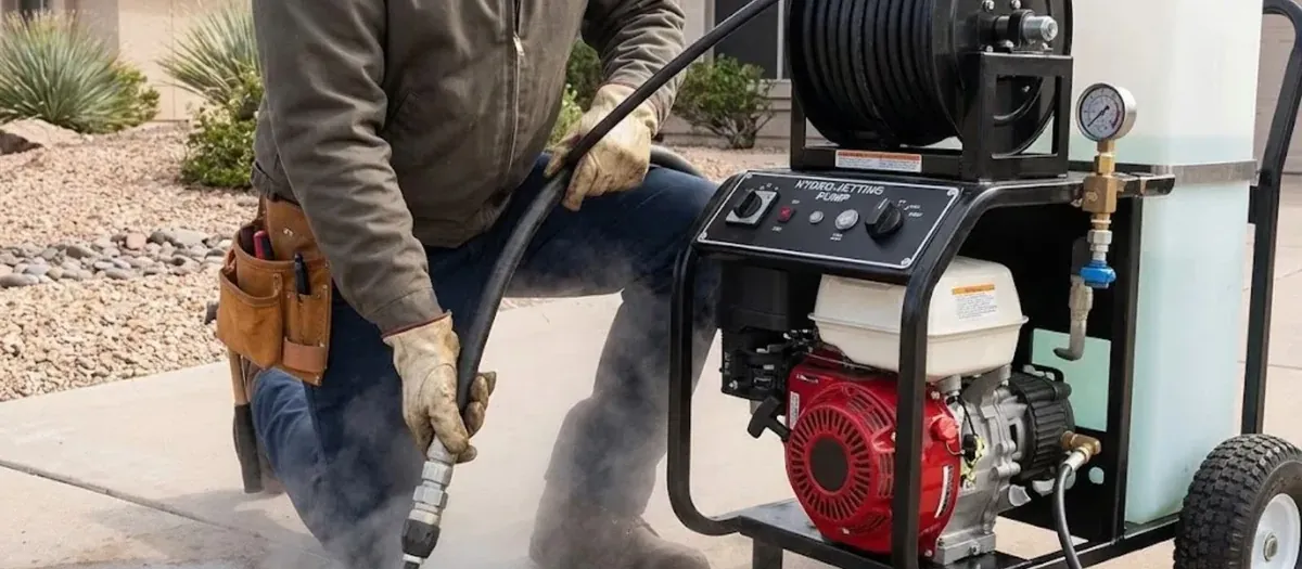 Plumber running a hydro jetting machine with a high pressure hose into a yard cleanout