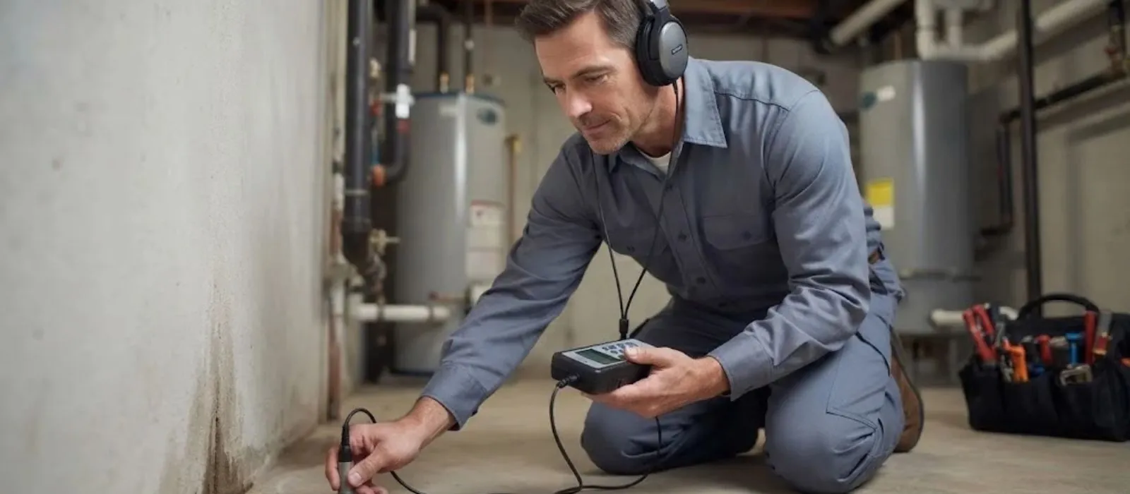 Plumber with headphones and an acoustic leak detector checking a basement wall