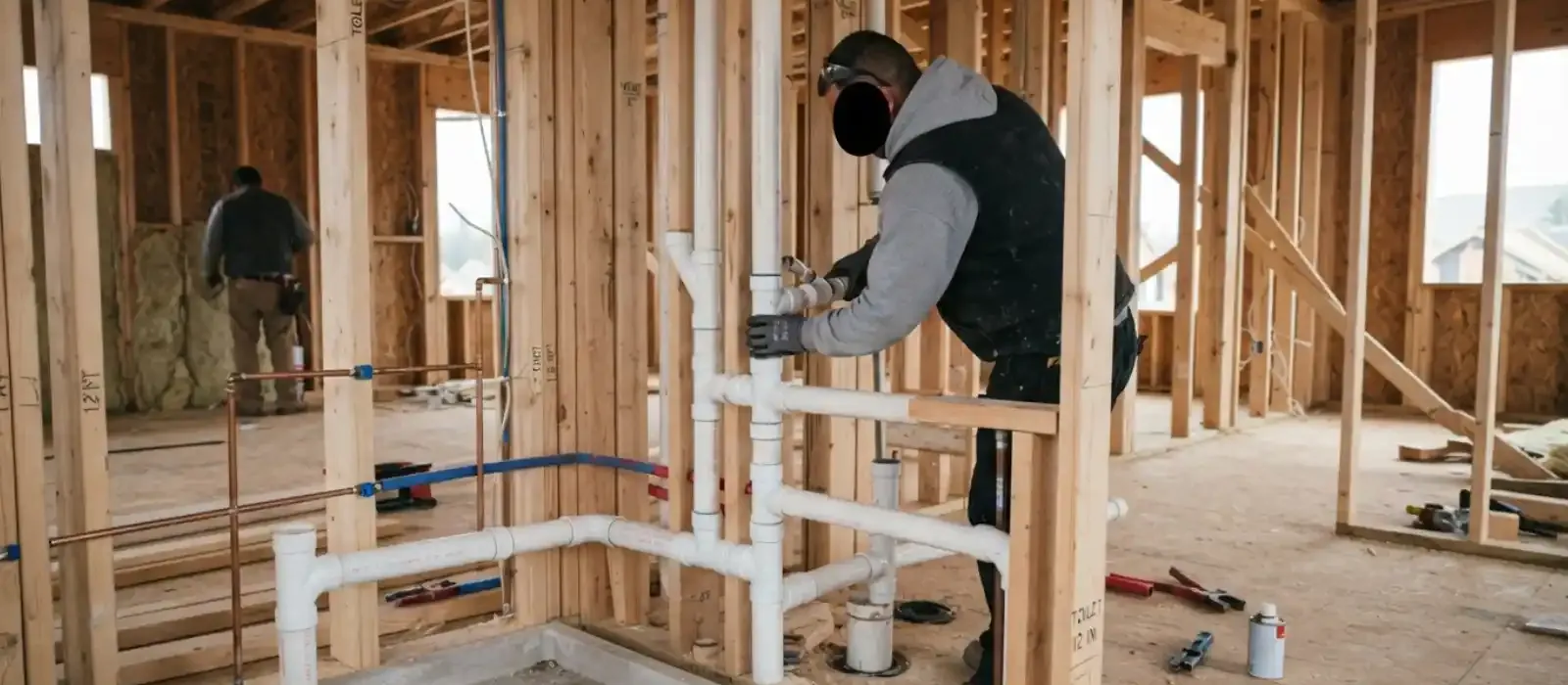 Plumber fitting white drain pipe in a framed home under construction