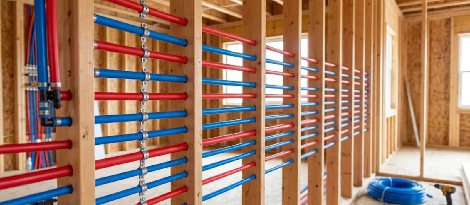 Red and blue PEX supply lines run through open wall studs during a whole home repipe
