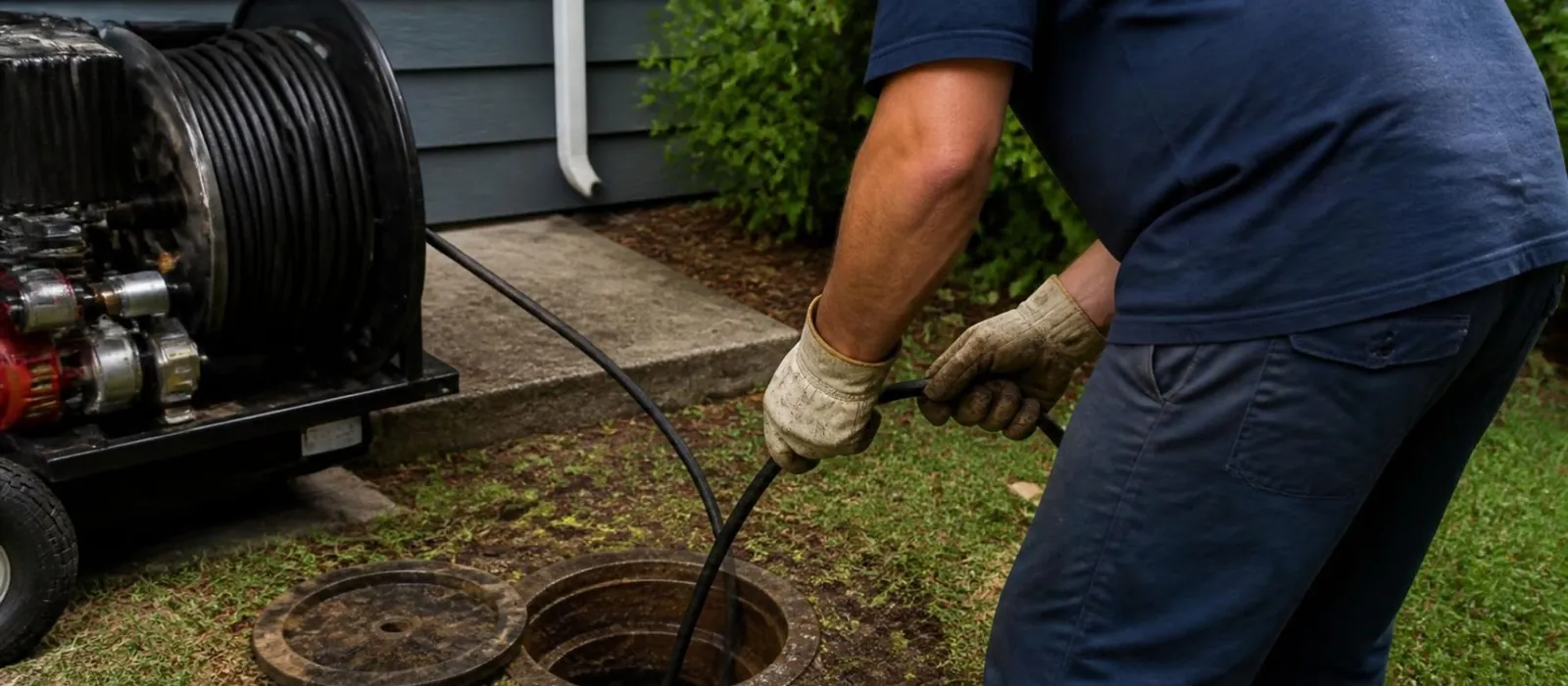 Plumber feeding a drain cleaning cable from a reel into an outdoor sewer cleanout