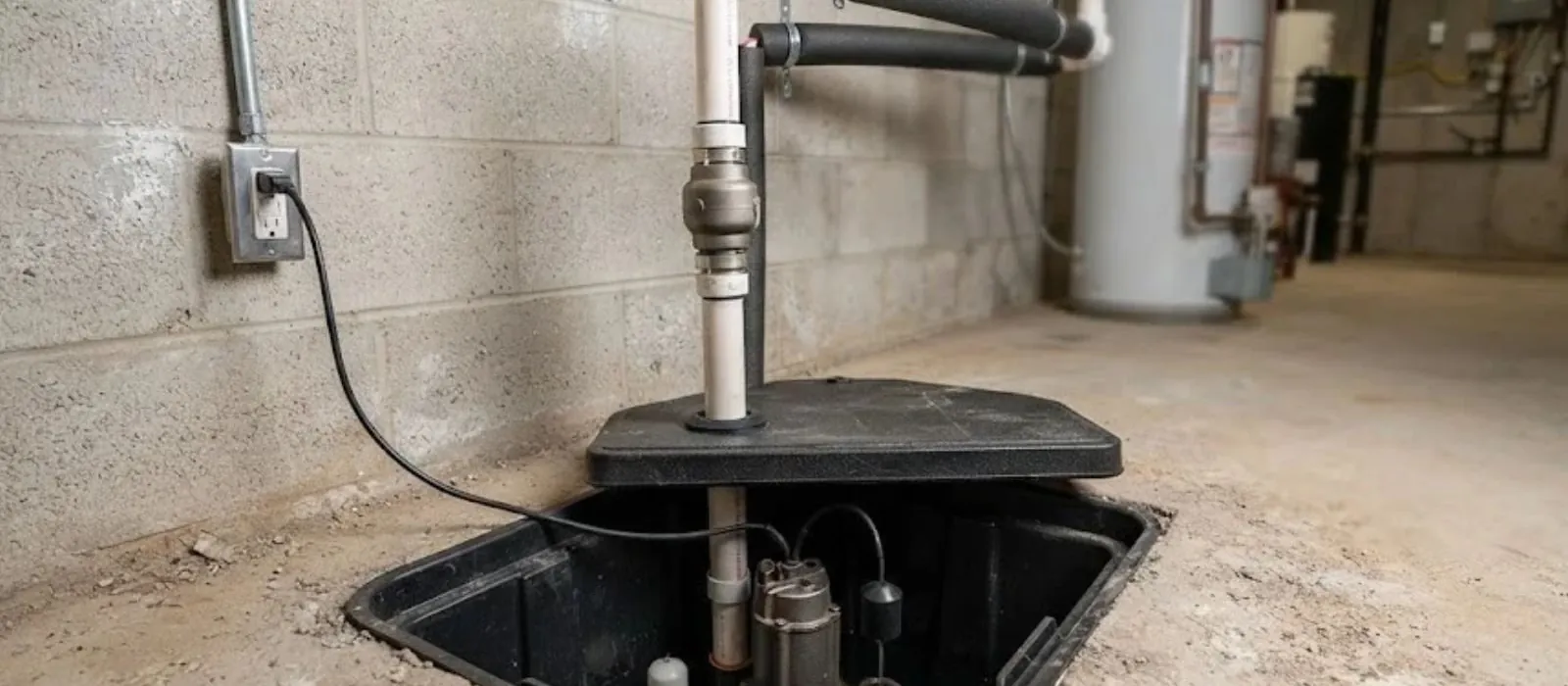 Sump pump in a basement pit with a PVC discharge pipe and covered basin