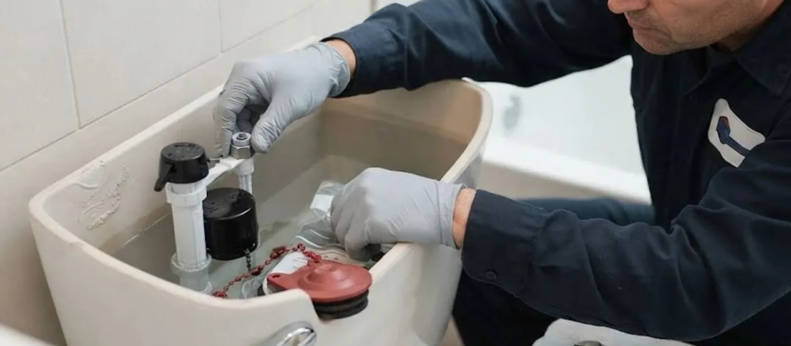 Plumber replacing parts inside an open toilet tank in a bathroom