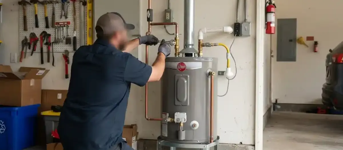 Plumber installing a gas tank water heater in a garage utility area