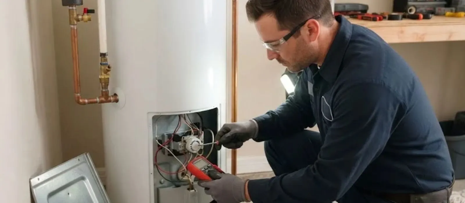 Plumber kneeling at a tank water heater with the access panel open to test the controls