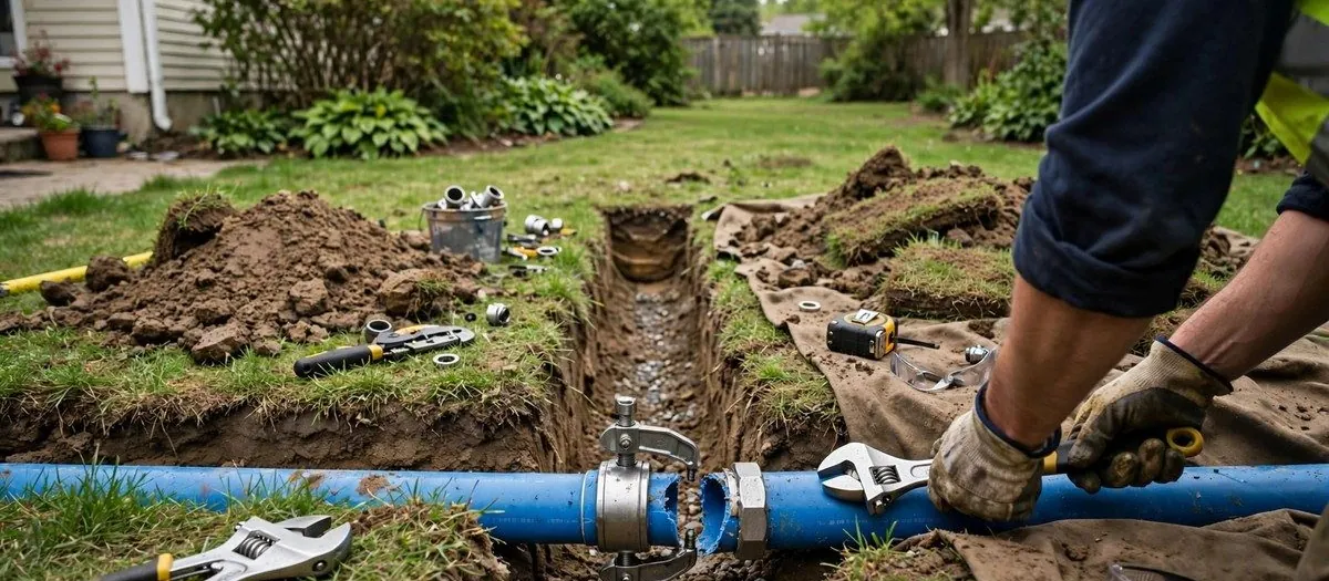 Open yard trench with a blue water service line being repaired by a plumber