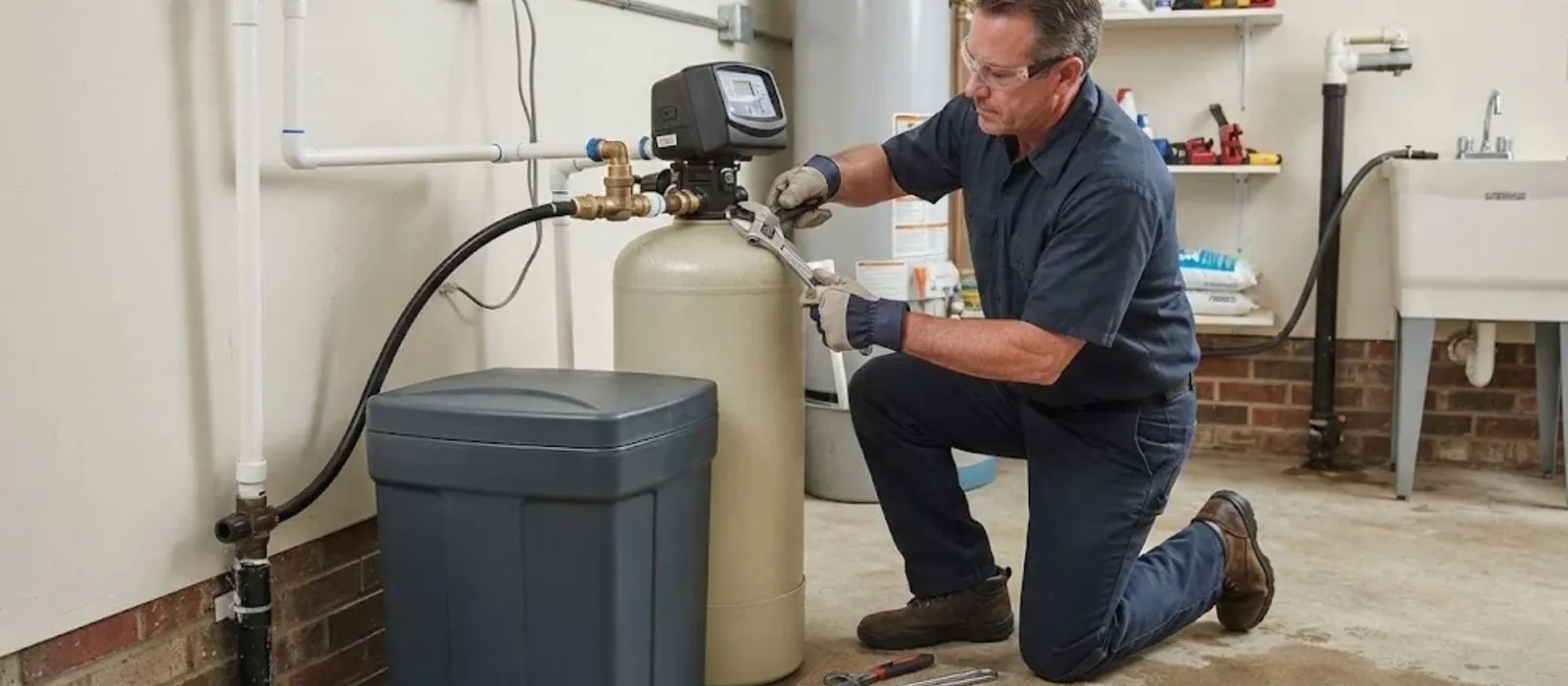 Plumber kneeling beside a water softener and brine tank during installation