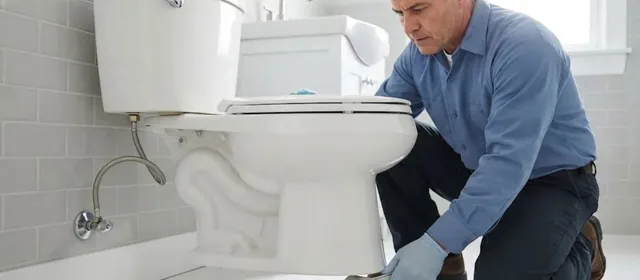 Plumber with a wrench setting a toilet over the wax ring and flange bolts
