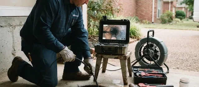 Plumber at a sewer cleanout with a camera monitor and drain line equipment