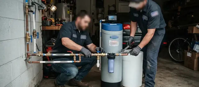 Two plumbers installing a water softener on copper piping in a garage