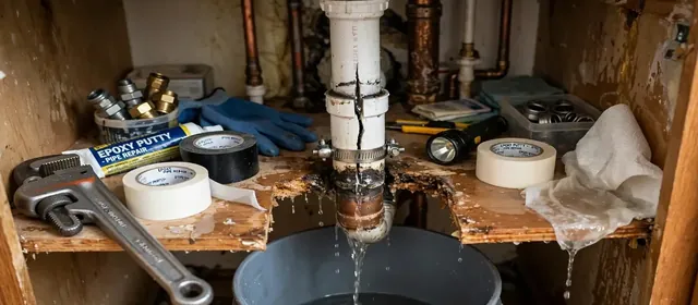 Plumbing tape rolls and a pipe wrench beside a pipe repair under a sink