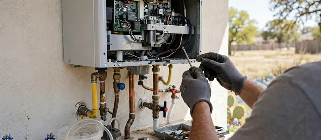 Plumber working on a wall mounted tankless water heater with the cover open