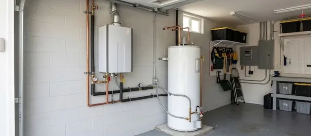 Compact tankless water heater and a tank heater side by side in a garage