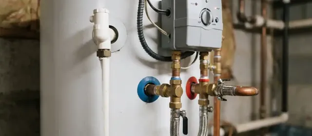Valves and fittings on top of a tank water heater
