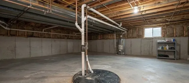 Dry open basement with a concrete floor and a sump basin